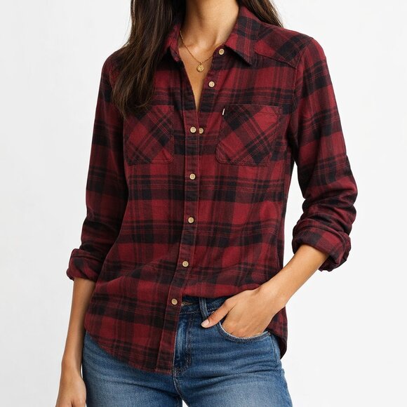 tentree Tops - Tentree Red Plaid Flannel Button-Up Shirt Small